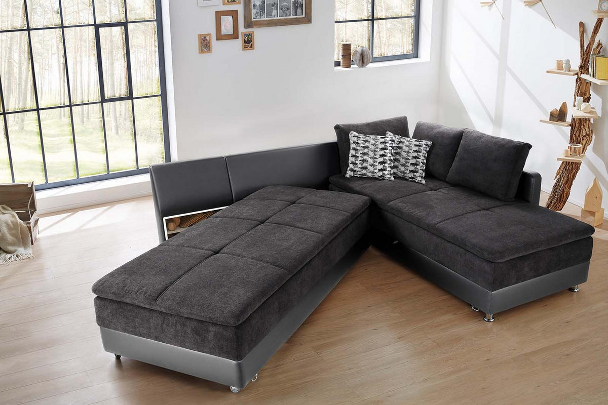 ECKSOFA-DAUERSCHLÄFER Doppelbett Boxspring Federkern Topper, Schwenkteil links B306/T223/H95 cm, Kunstleder Grau+Mikrofaser Anthrazit / 15105 - Chromfarben/Anthrazit, Textil/Metall (306/223cm) - luma-home