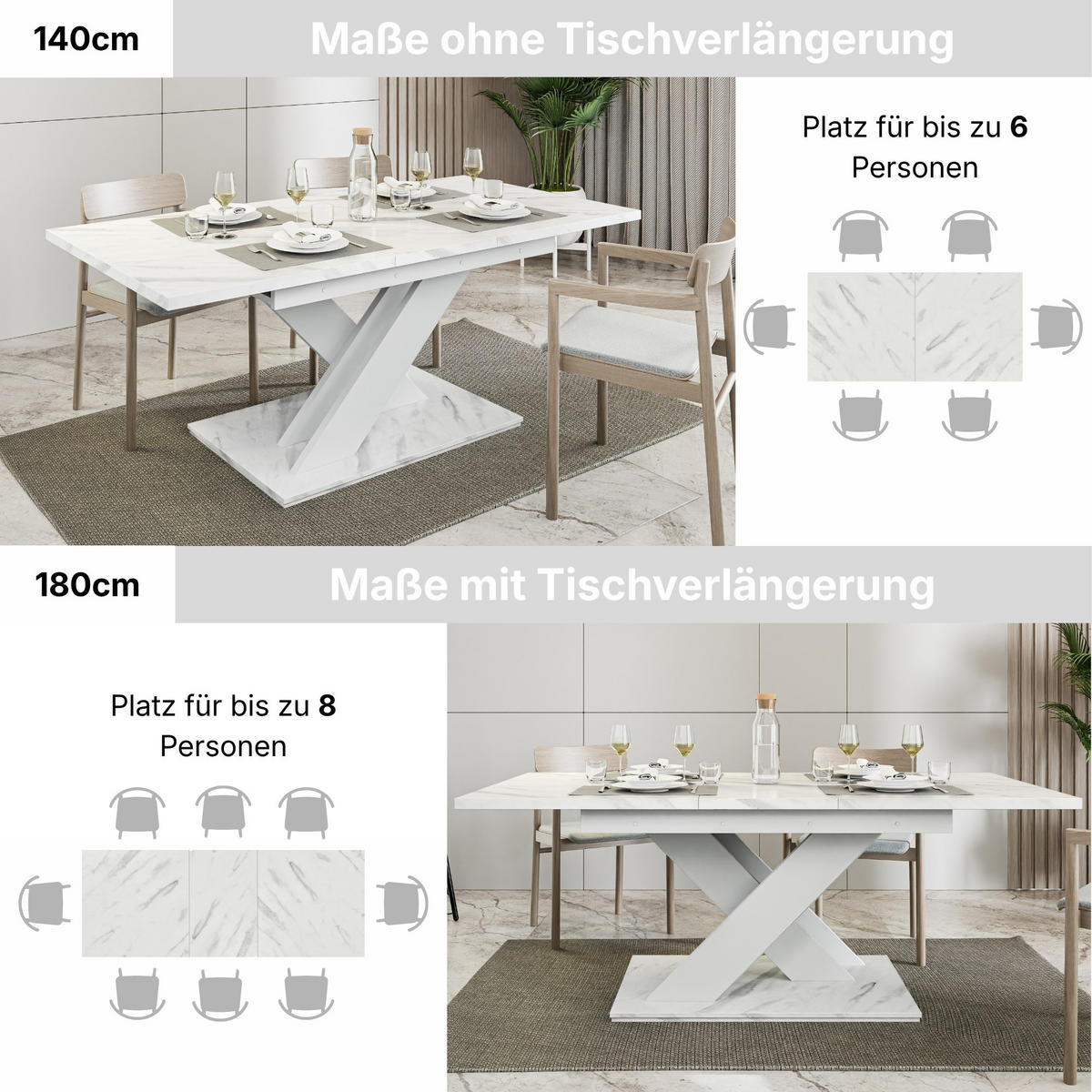 ESSTISCH Bianco Weiß Marmoptik Ausziehbar 140 - 180 cm - Weiß, Holzwerkstoff (140/80/75cm) - PROSPERO