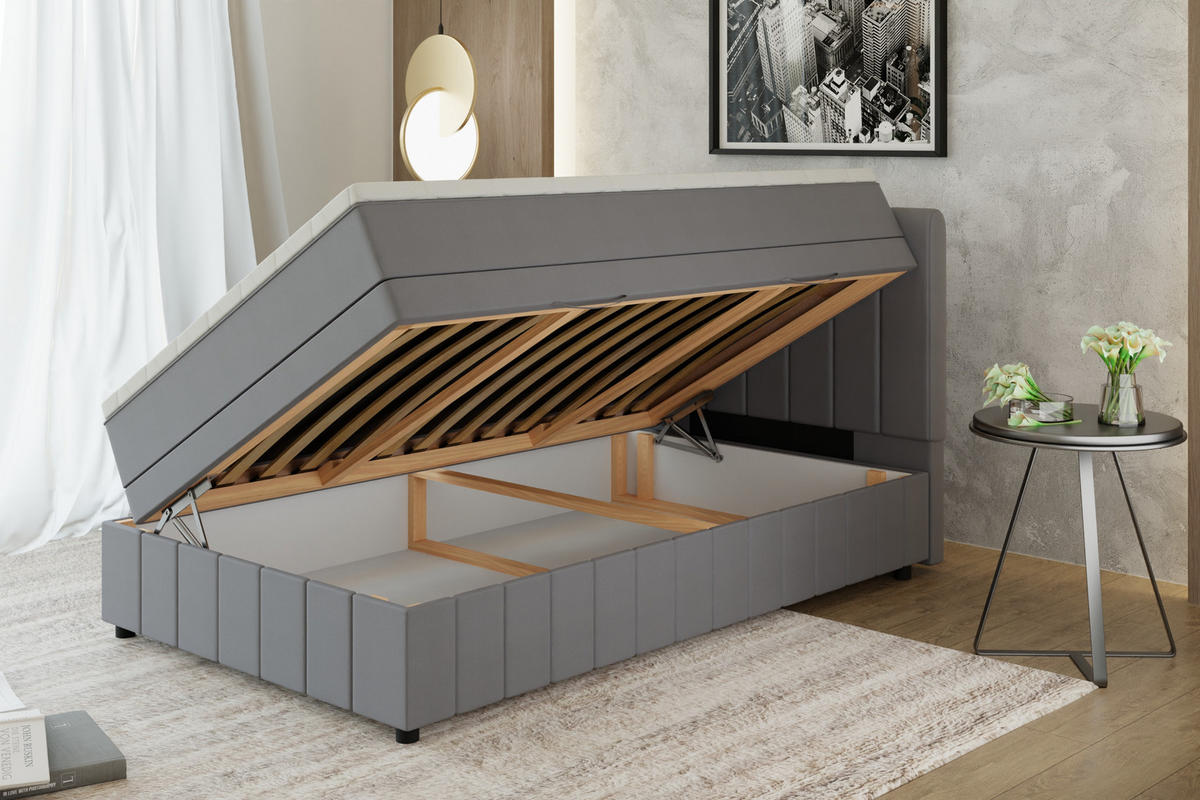 BOXBETT AVALON 120 x 200 cm mit Bettkasten und Topper - Dunkelgrau - Dunkelgrau, Holz - Panda Möbel