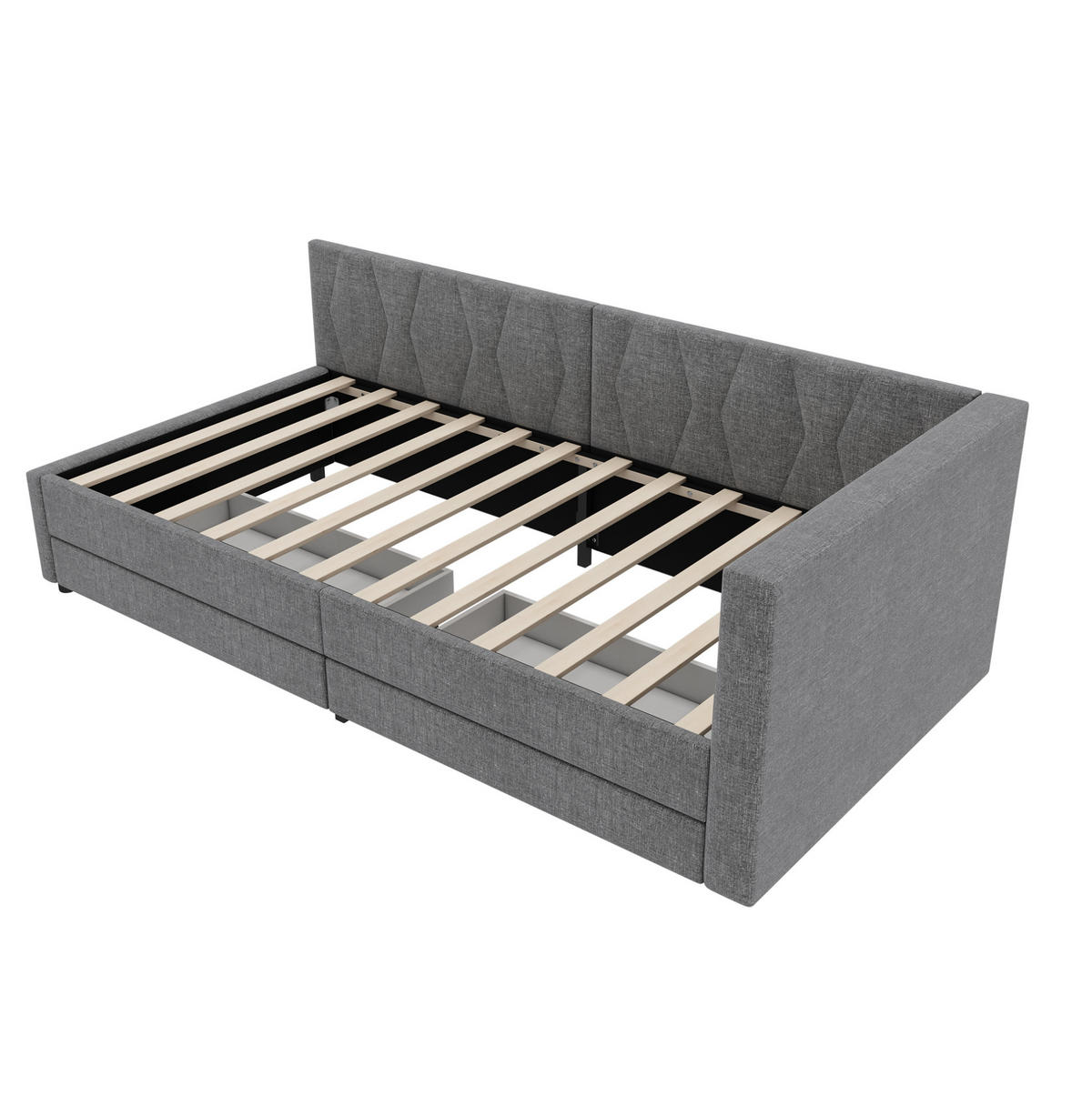 POLSTERBETT aus Leinen 90x200 cm in Grau mit LED, USB-C & 2 Schubladen - Grau, Textil (90/200cm) - Modfu