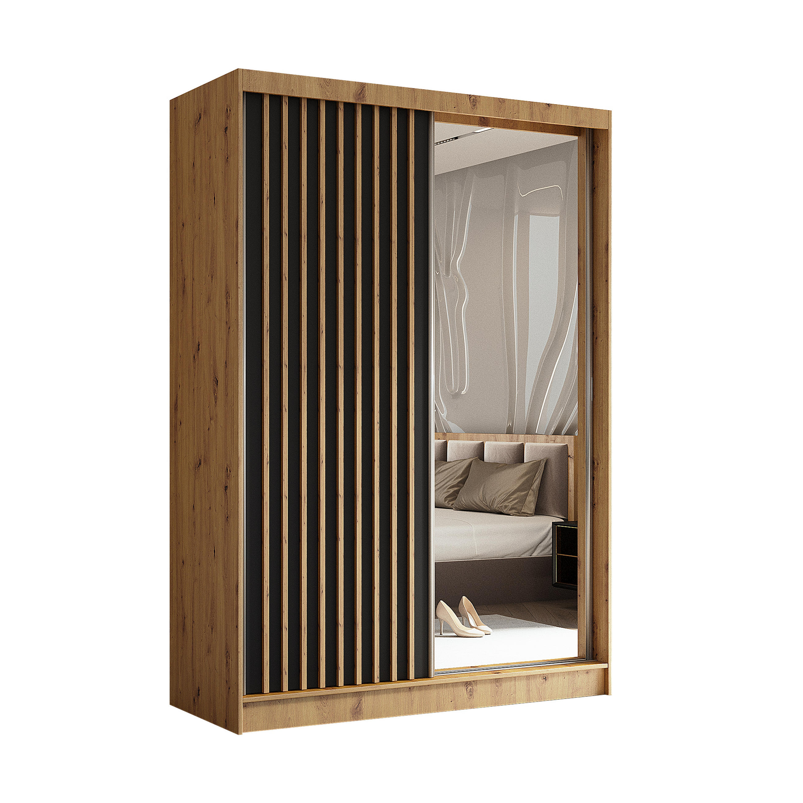 SCHWEBETÜRENSCHRANK LAMELLO 150/216/61 cm 2-türig mit Spiegel Eiche Artisan - Schwarz/Eiche Artisan, Holzwerkstoff (150/216/61cm) - MASSENO