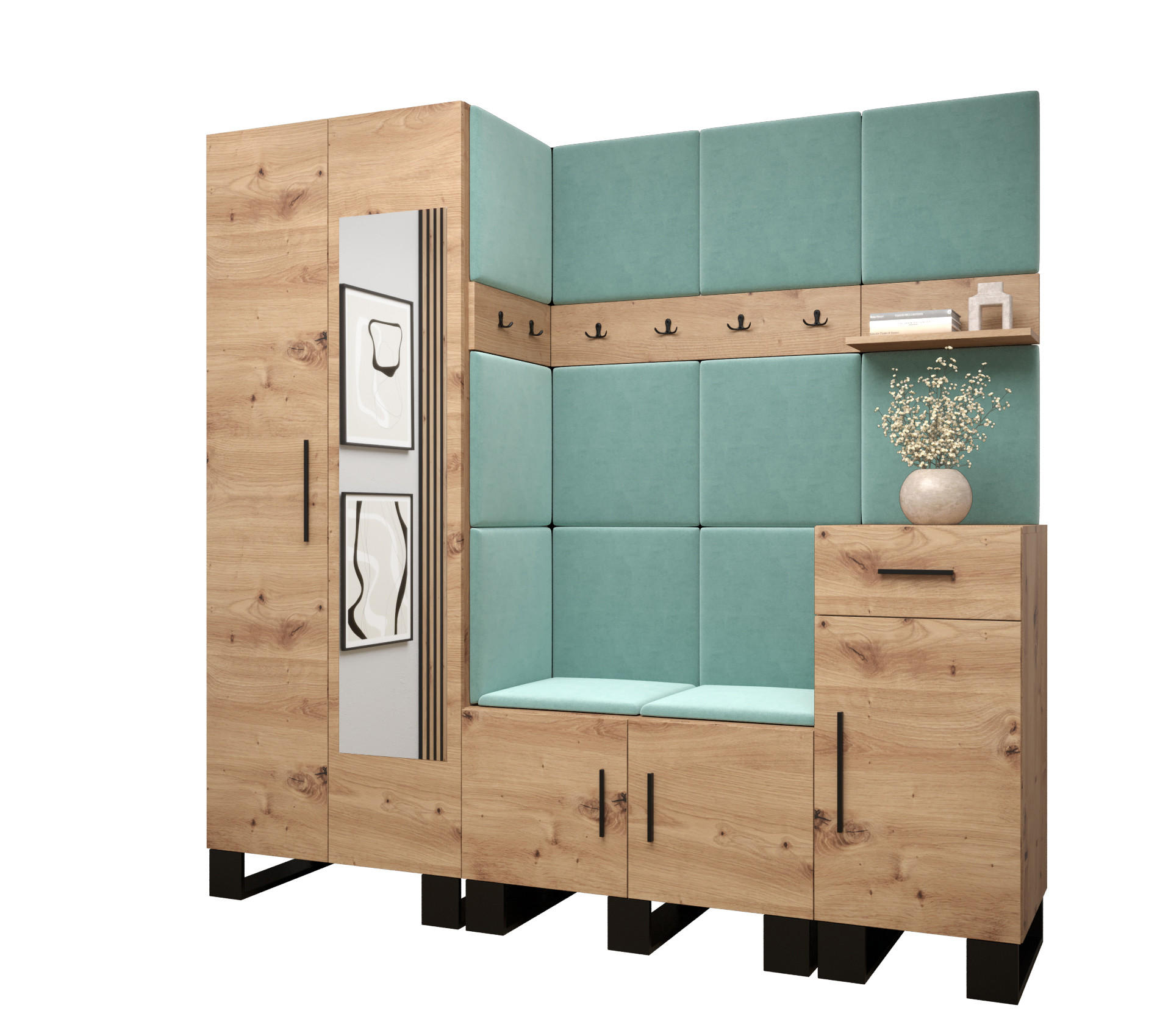 Abiks Möbel Garderoben-Set Eiche Artisan, Mintgrün 200x196x45.6 cm
