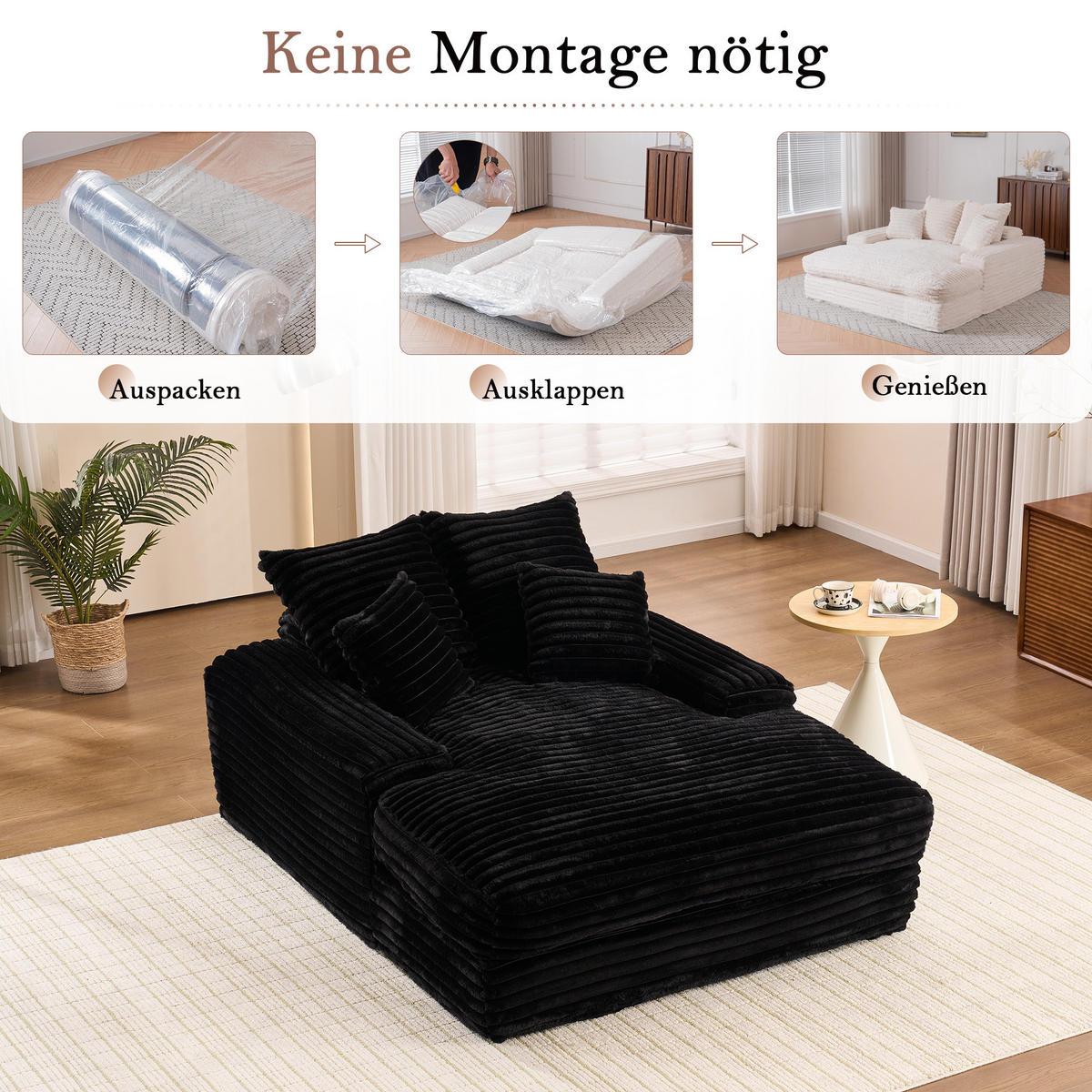RELAXLIEGE Cordstoff mit Memory-Schaum und 4 Kissen 137/175/63 cm Schwarz - Schwarz, Textil (137/63/175cm) - Redom