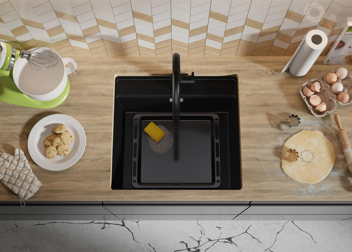 UNTERBAUSPÜLE GRANIT Bergen, 2-er set Schwarz Metallic 56/53 cm 1 Becken + Ablauf-Set + Schneidebrett ab 60er Unterschrank - Chromfarben/Schwarz Hochglanz, Kunststoff (56/20/53cm) - Primagran