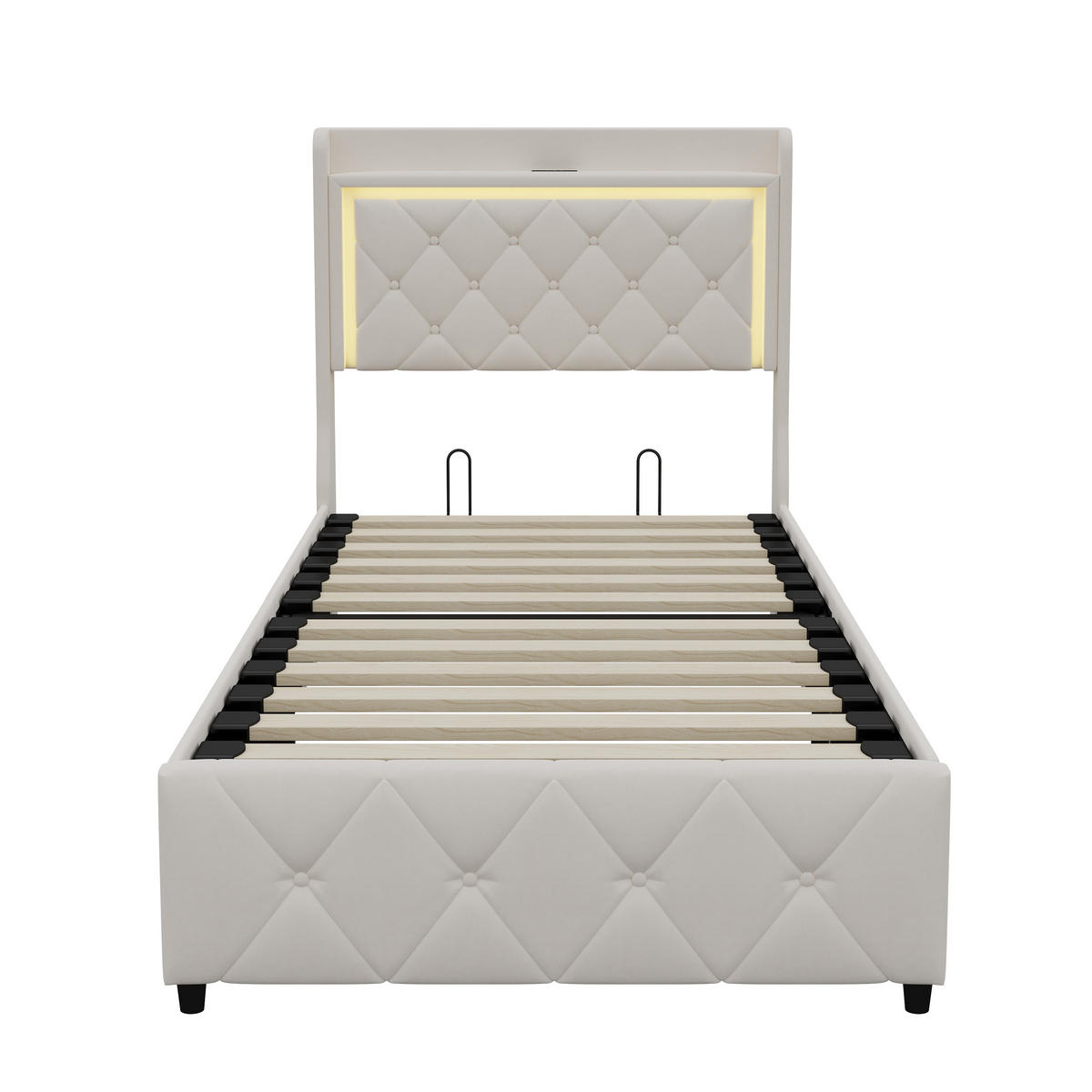 POLSTERBETT 90x200 cm LED Bettkasten USB Samt beige - Beige, Holz (90/200cm) - LEBENLANG