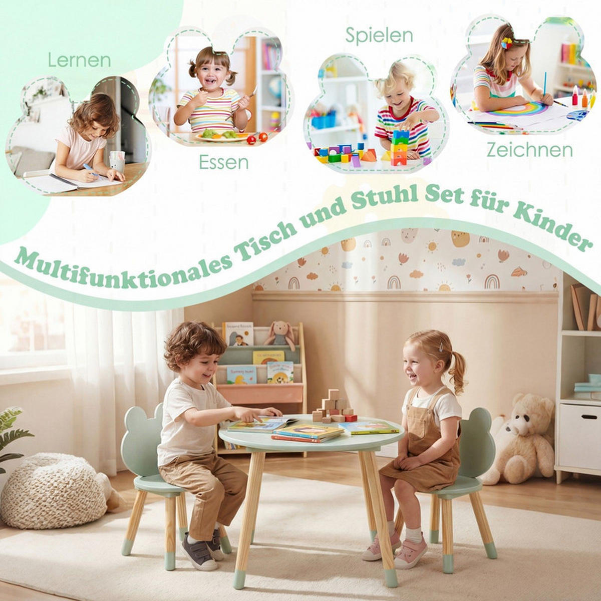 KINDERTISCH mit stuhl grün(3-tlg) - Grün, Holzwerkstoff (60/44/60cm) - COSTWAY