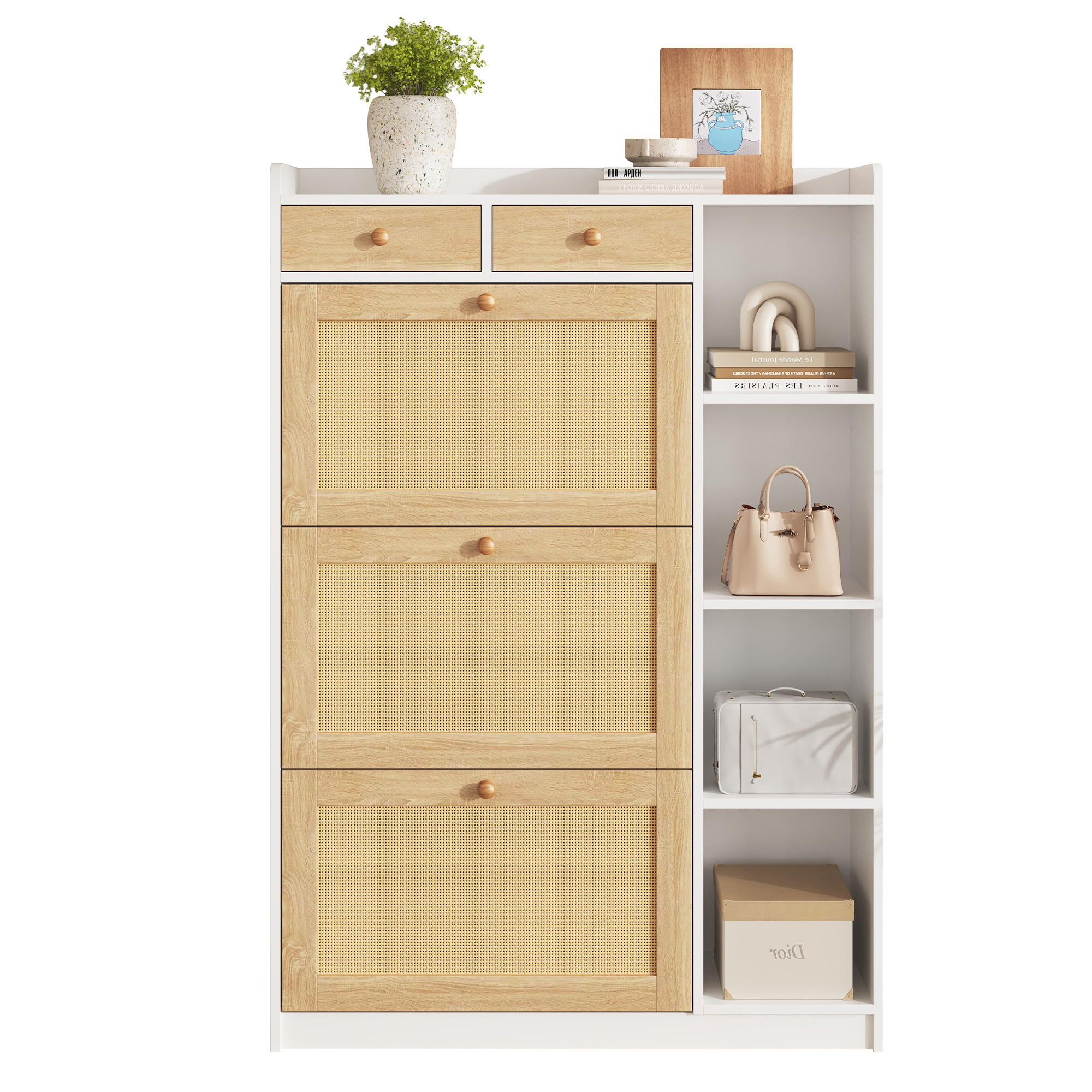 SCHUHSCHRANK 90x24x130cm Rattan mit 3 Klappen, 2 Schubl. - Weiß/Naturfarben, Holzwerkstoff (90/130/24cm) - FLIEKS