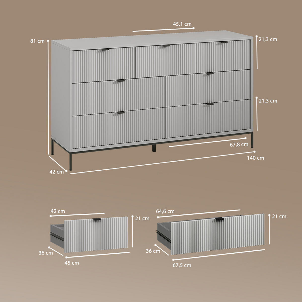 SIDEBOARD Aterno Grau 42 x 81 cm mit 7 Schubladen - Grau, Holzwerkstoff (42/81/140cm) - Livinity®