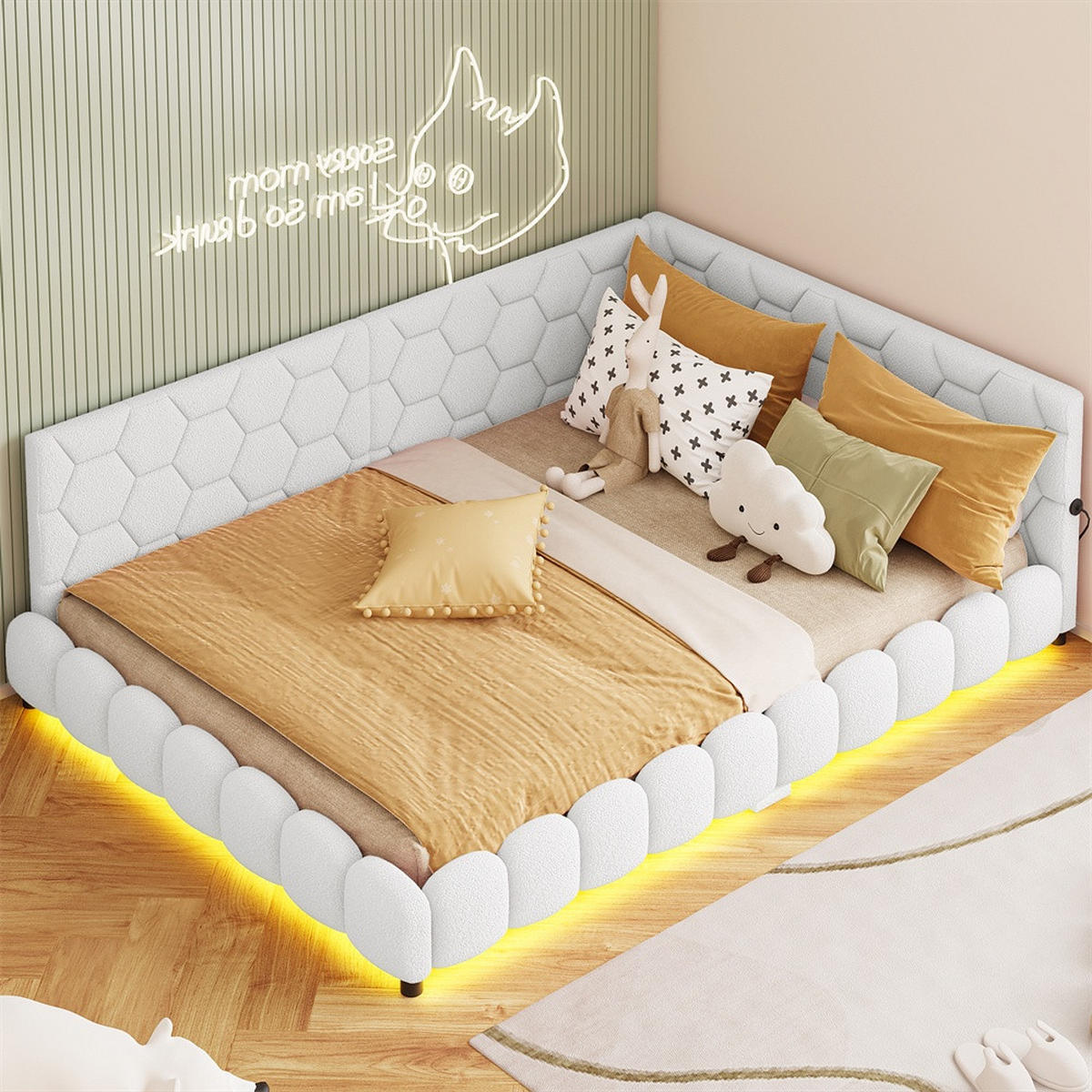 POLSTERBETT 140x200 cm - mit LED-Unterbodenbeleuchtung und USB-Ladefunktion - ohne Matratze - Weiß - Weiß, Textil (140/200cm) - DELFA