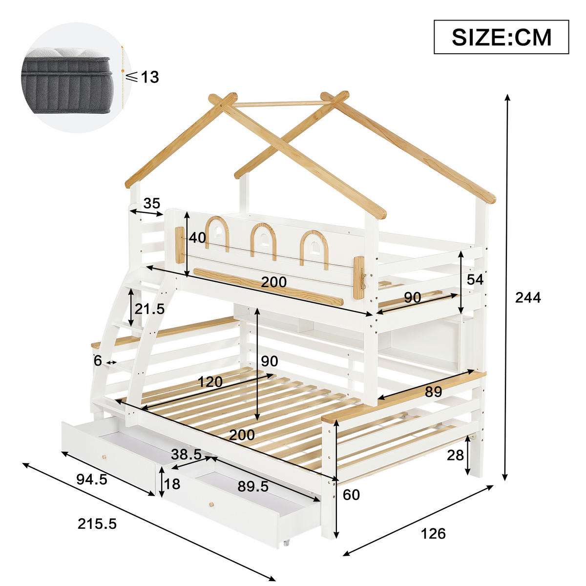 ETAGENBETT 120/200 cm DE-02263, in Weiß/Natur, mit 2 Schubladen und Treppe - Weiß, Holz/Holzwerkstoff (120/200cm) - ComfortXL