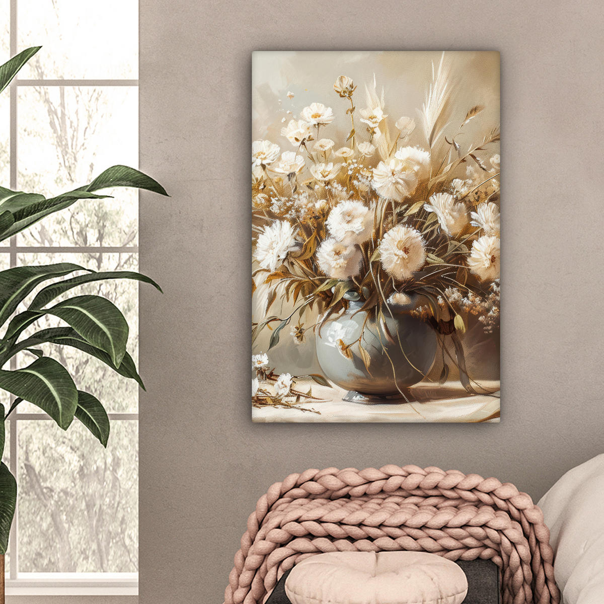 LEINWANDBILD Blumen - Vase - Stilleben - Beige Wanddeko 40x60 cm - Creme, Textil (40/60cm) - MuchoWow