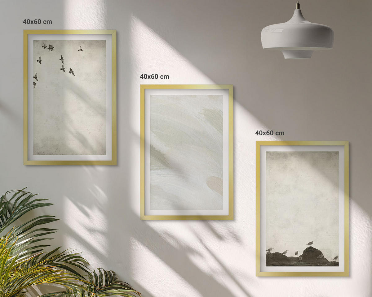 WANDBILDER 3er Set - 40x60 cm Goldrahmen - Vögel, Steine, Pinselstriche, Verzierungen - Goldfarben, Kunststoff (40/60cm) - ArtPrintCave