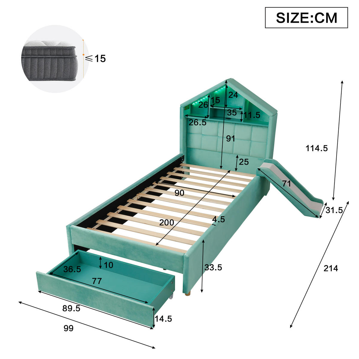 SPIELBETT 90/200 cm mit Rutsche und LED, DE-41740, in Blaugrün - Türkis, Holzwerkstoff (90/200cm) - ComfortXL