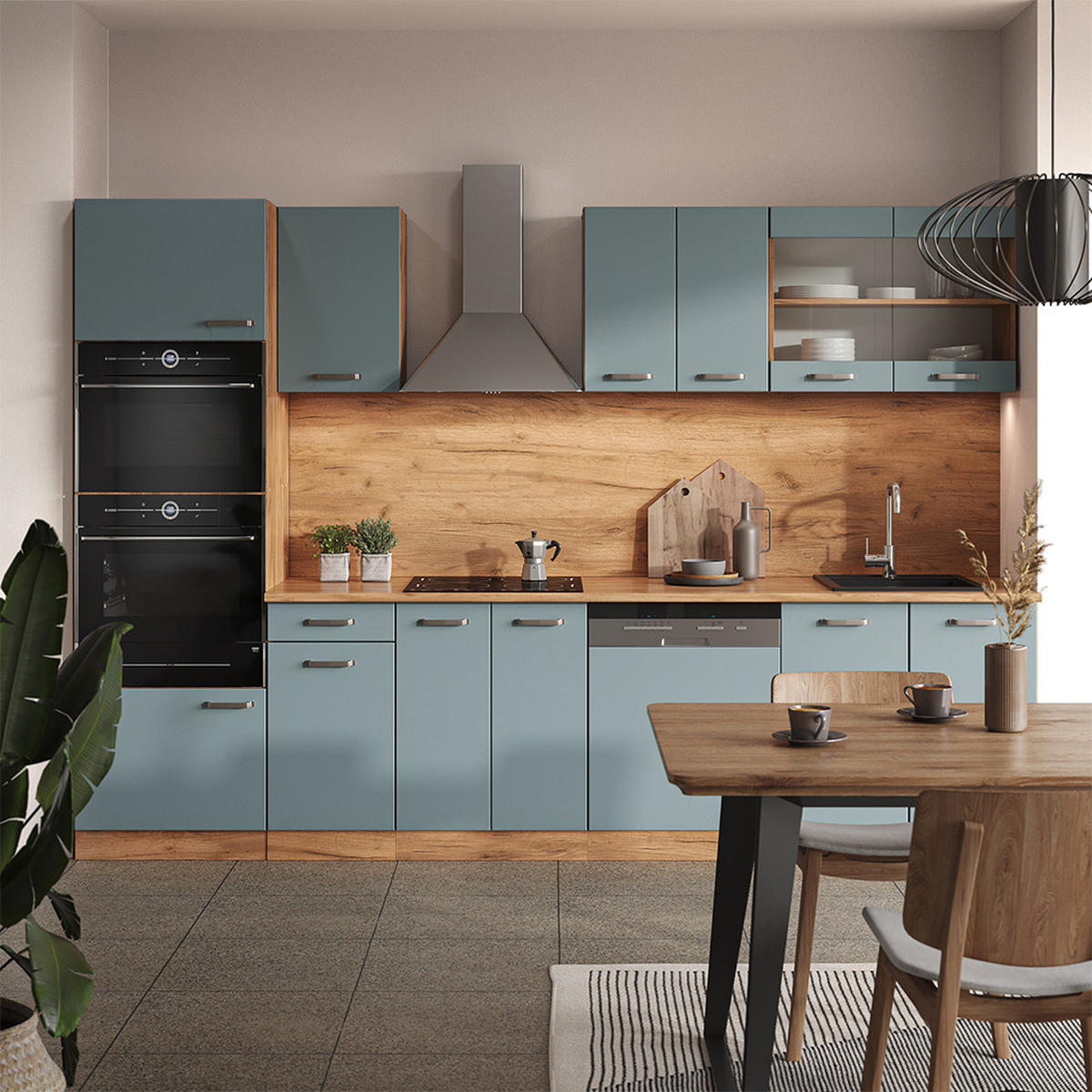 KÜCHENZEILE R-Line Blau-Grau/Goldkraft Eiche 300 cm mit Hochschrank AP Marmor - Eiche Wotan/Blaugrau, Holzwerkstoff (300/81.6/60cm) - Vicco