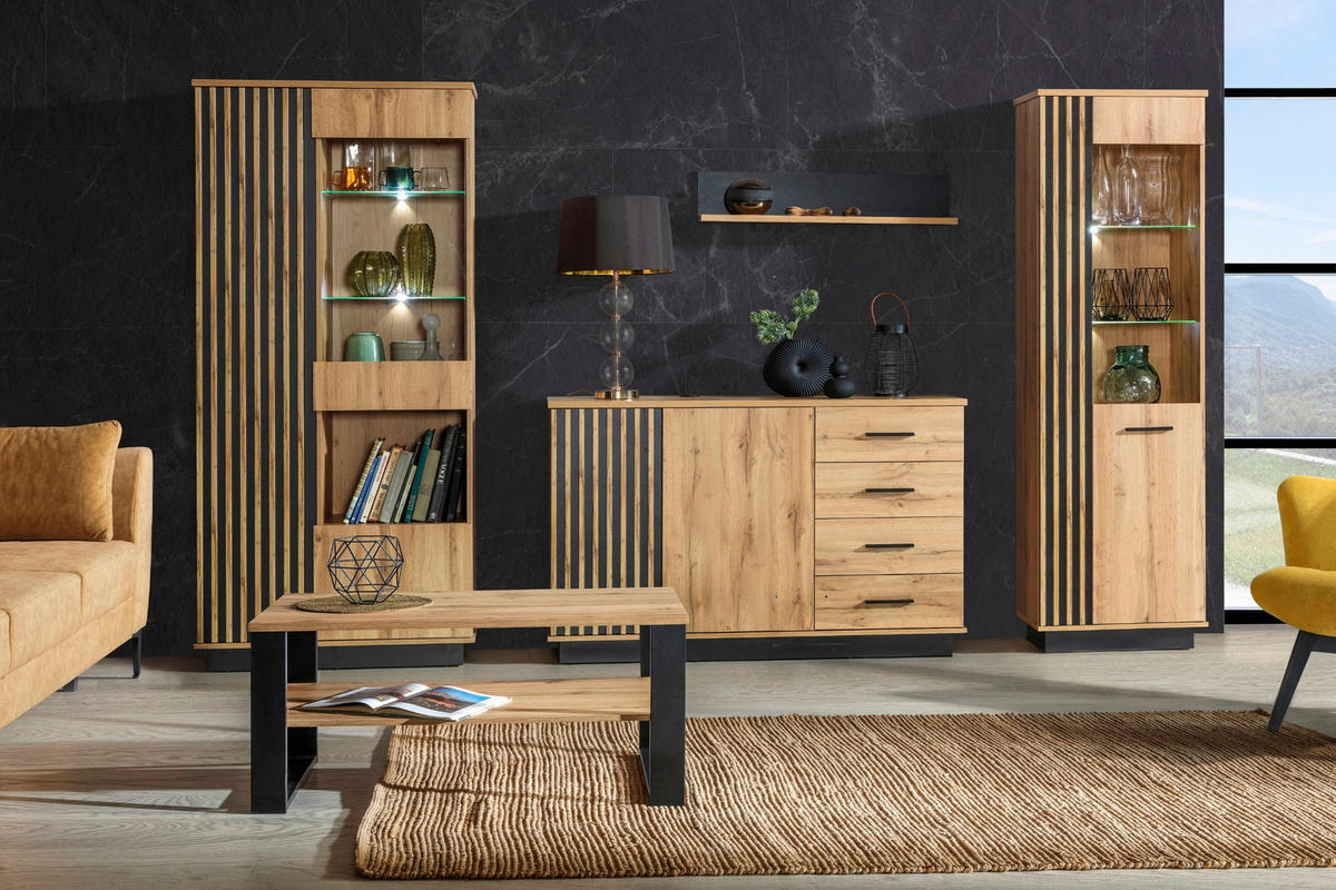 VITRINE LAMI 2 60/194/40 cm in Wotan Eiche / Schwarz Matt mit Lamellen und LED - Eiche Wotan/Schwarz, Holzwerkstoff (60/194/40cm) - Deine Möbel 24