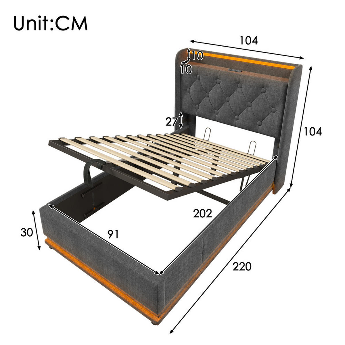 POLSTERBETT 90X200 cm mit LED Kopfteil und USB C Stauraum - Grau, Holz (90/200cm) - FLIEKS