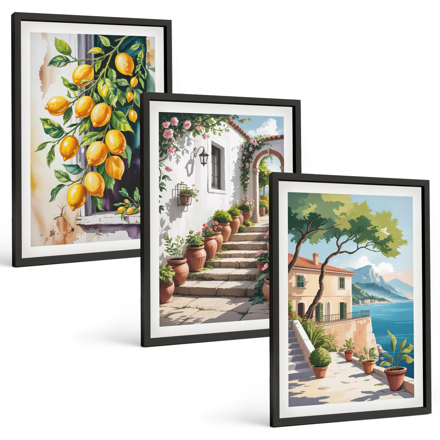 BILDER SET 3er Set - 40x60 cm Schwarzer Rahmen - Zitronen, Blumen, Meerblick - Schwarz, Kunststoff (40/60cm) - TULUP