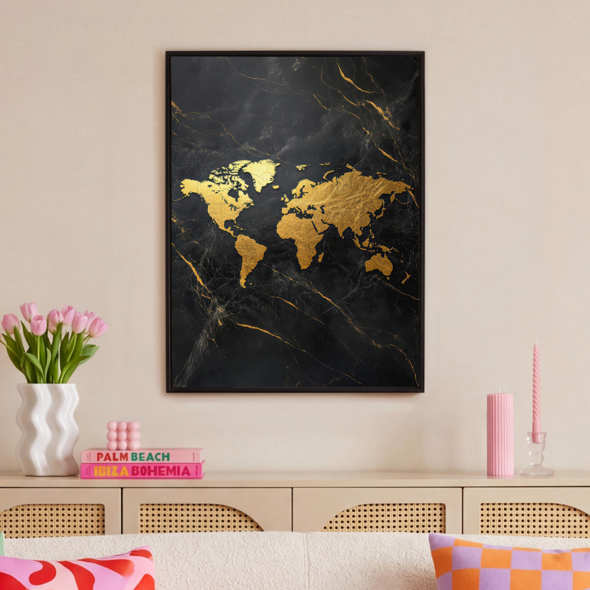 LEINWAND Bilder mit Rahmen - Weltkarte - Gold - Marmor - 70x100 - Goldfarben, Textil (70/100cm) - MuchoWow