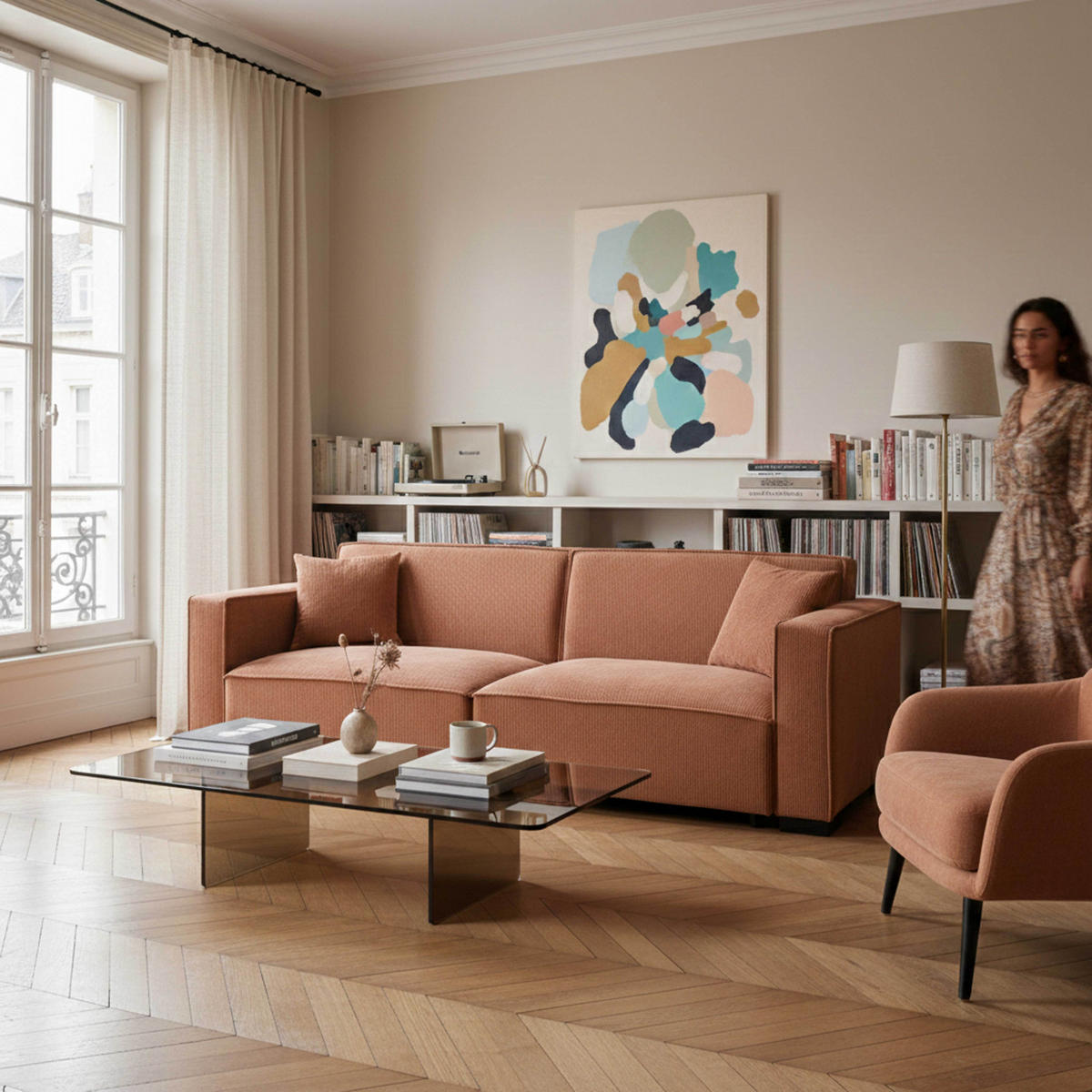 SOFA 3-Sitzer, Terrakotta - Rot/Braun, Textil (90/76/230cm) - Oviala