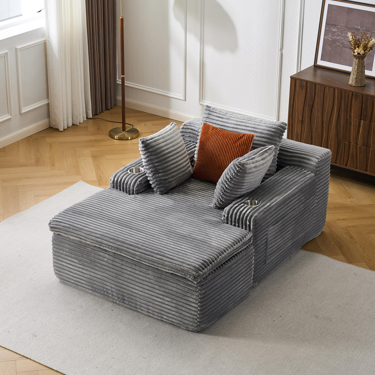 KLAPPSOFA mit 2-in-1-Funktionskissen, Cordstoff - Grau - Grau, Textil (113/63/164cm) - KOMHTOM