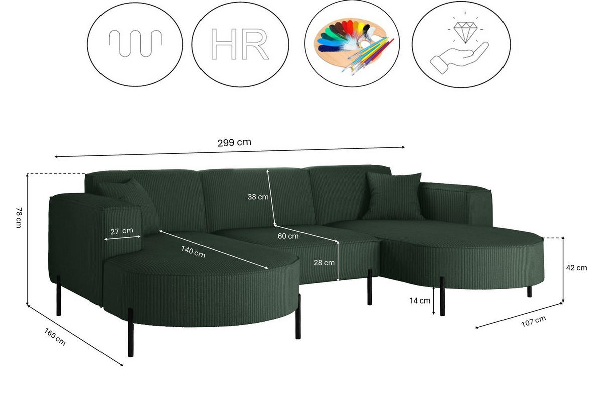 ECKSOFA Designer Modena U Rein stoff Poso Grün - Grün, Holz (165/299cm) - Kaiser Möbel