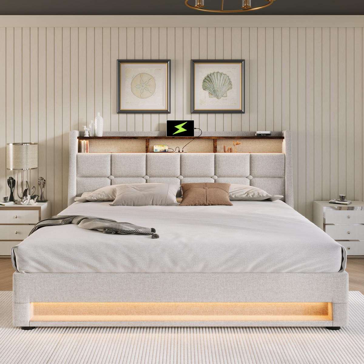 POLSTERBETT mit Stauraum, USB und LED 160x200 cm Leinen Beige - Beige, Metall (160/200cm) - Meubliv