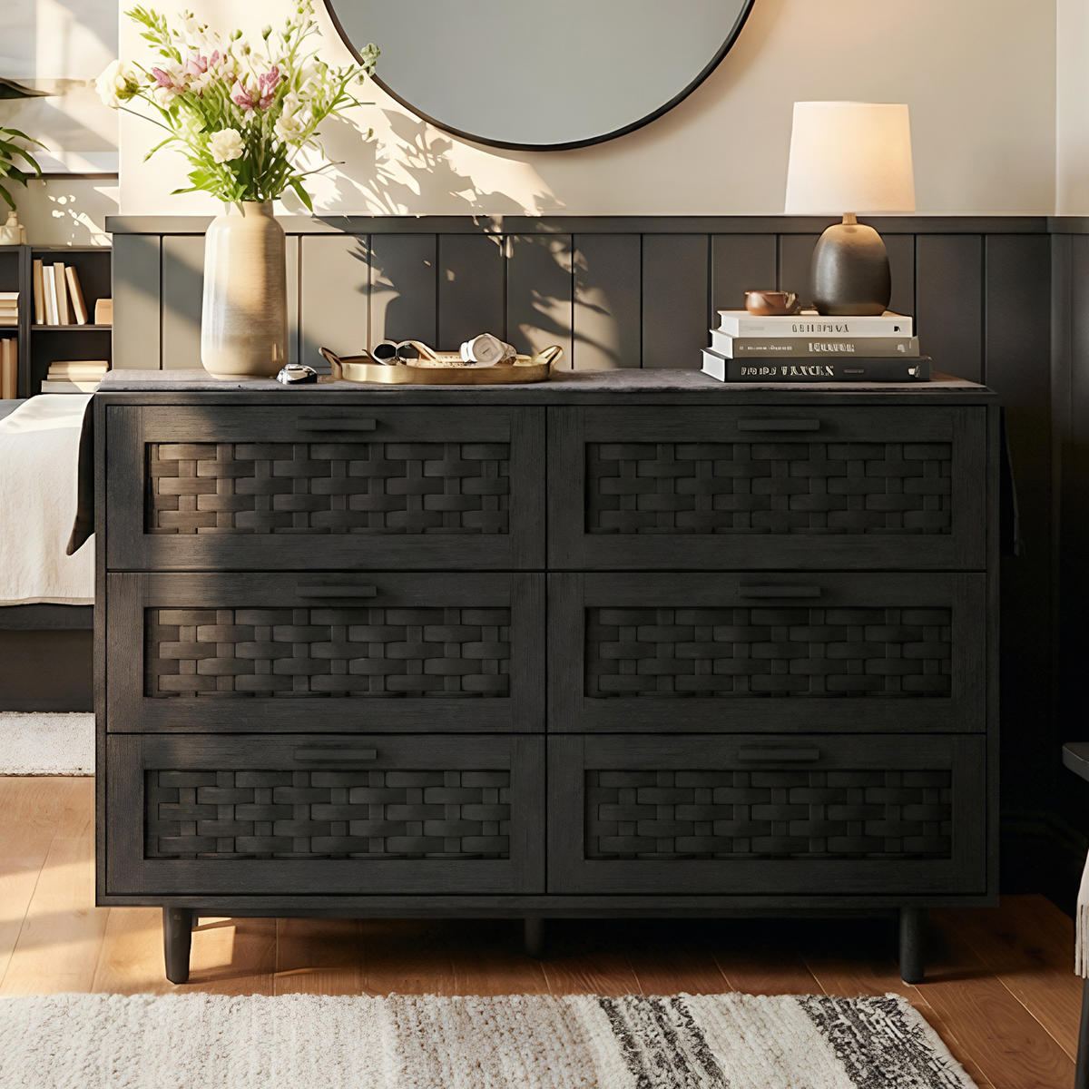 KOMMODE Japandi mit 6 Schubladen in Rattan-Optik 115/40/80 cm Schwarz - Schwarz, Holzwerkstoff (115/80/40cm) - Creahappy