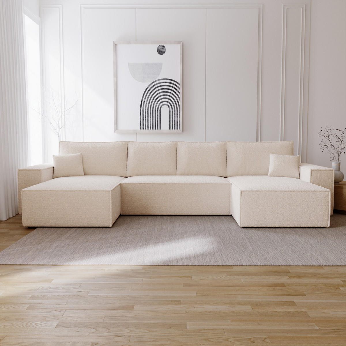 ECKCOUCH Bergamo U Bouclé mit Schlaffunktion, 380 cm, Beige - Beige, Holz (377/189cm) - Emporius