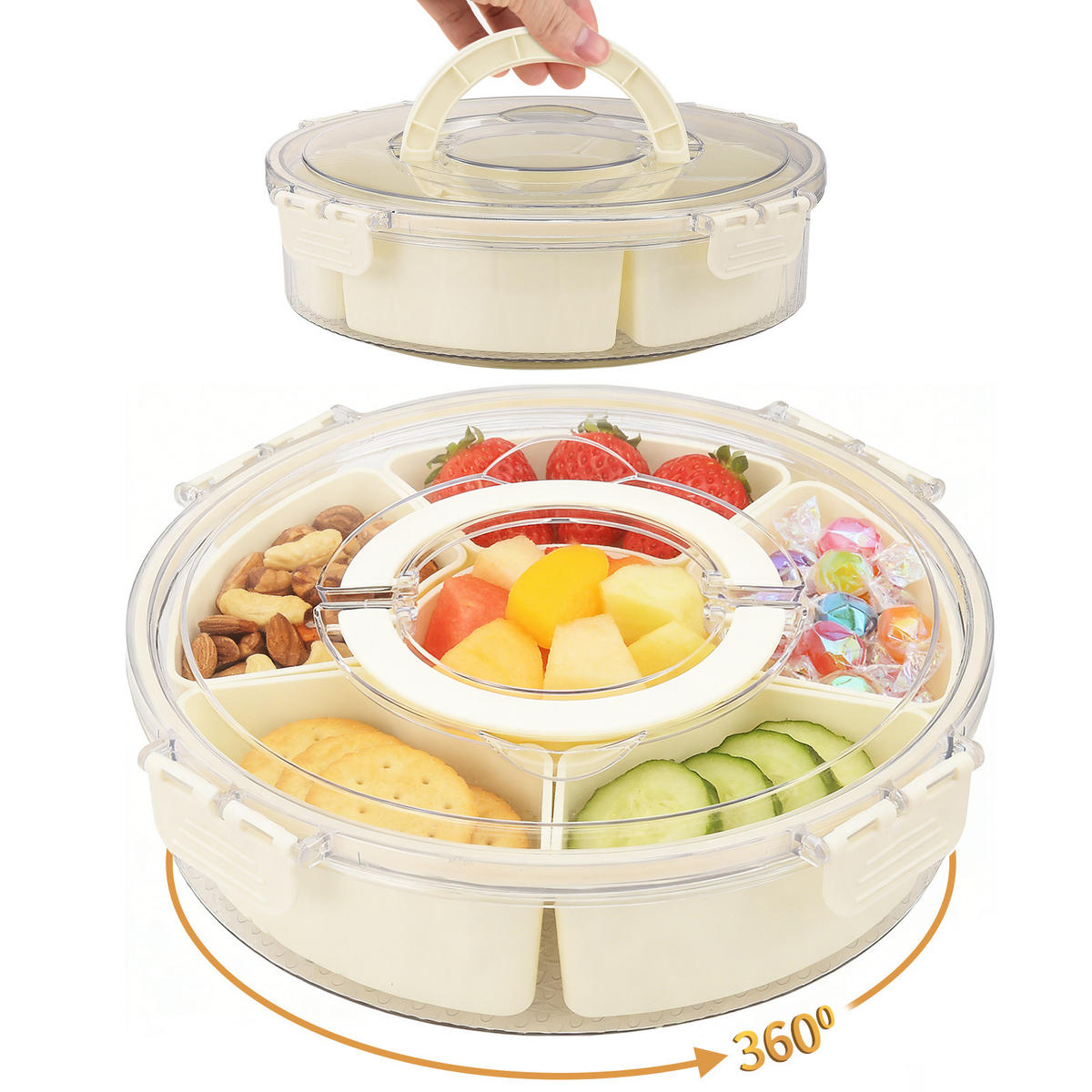 SONSTIGE Schalen（Servierschale ）Drehbar mit 6 Fächern, Deckel & Tragegriff, unterteilte Box für Nüsse, Obst, Picknick - Transparent, Kunststoff (27cm) - WoodenAura