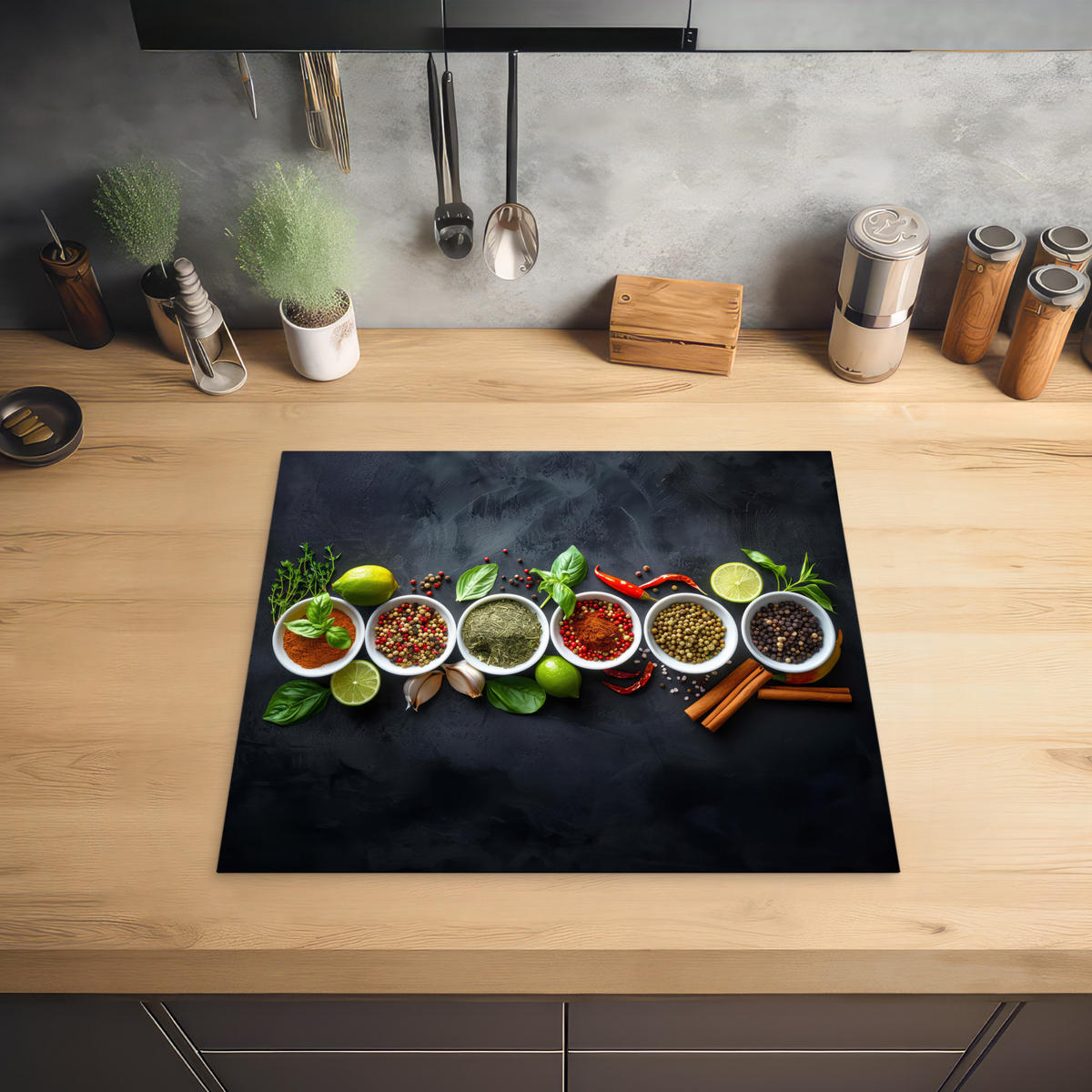 HERDABDECKPLATTE Kräuter - Gewürze - Konkrete Optik - Stilleben Herdabdeckung Induktionsfeld 60x52 cm - Multicolor, Kunststoff (60/52/0.2cm) - MuchoWow