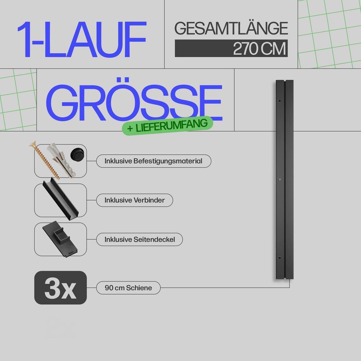 GARDINENSCHIENE 270cm (3x90cm) 1-läufig - Schwarz, Kunststoff (6/1.8/270cm)