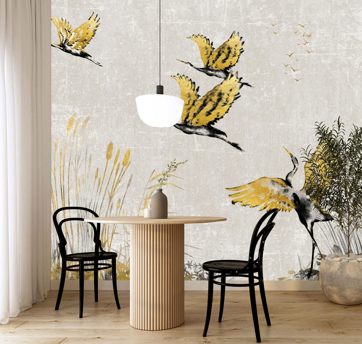 FOTOTAPETE Vögel Pflanzen Beton Abstraktion 150x105 - Gelb/Beige, Papier (150/105cm) - Muralo