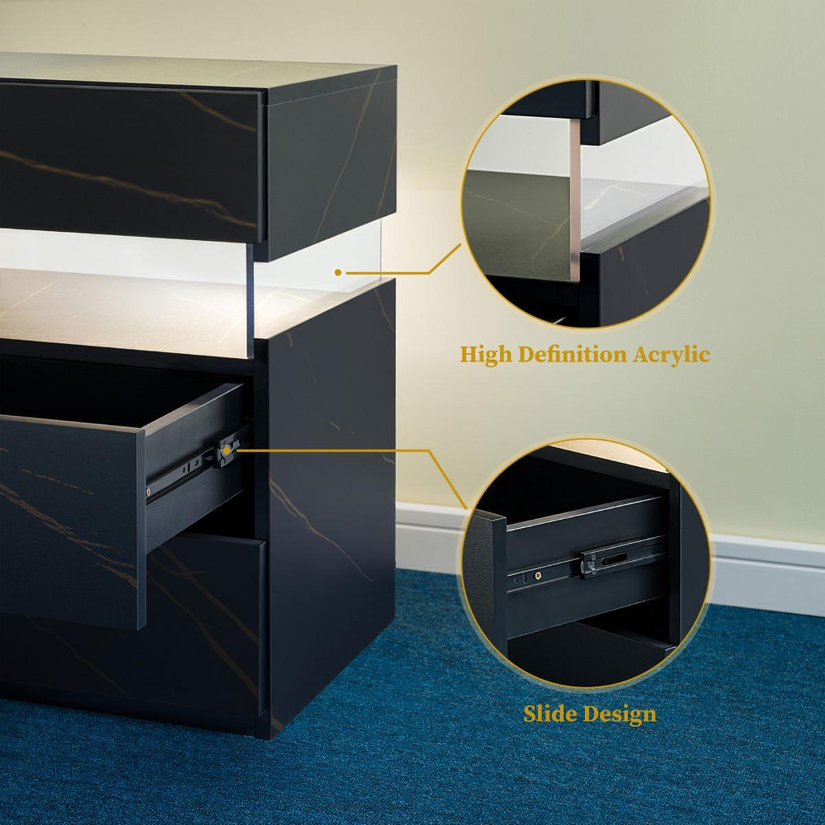 NACHTSCHRANK LED 3 Drawer Schwarz-Gold - Goldfarben/Schwarz, Holzwerkstoff (38/61/48cm)