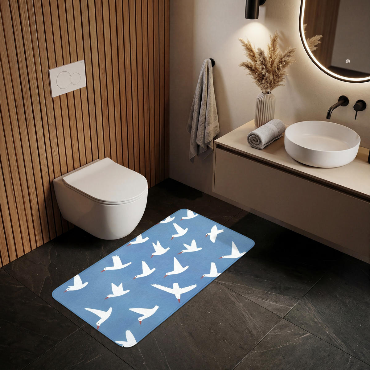 WC PŘEDLOŽKA Ptáci - bílá - vzor 120x60 cm - modrá, textil/plast (120/1cm) - OnlyWow