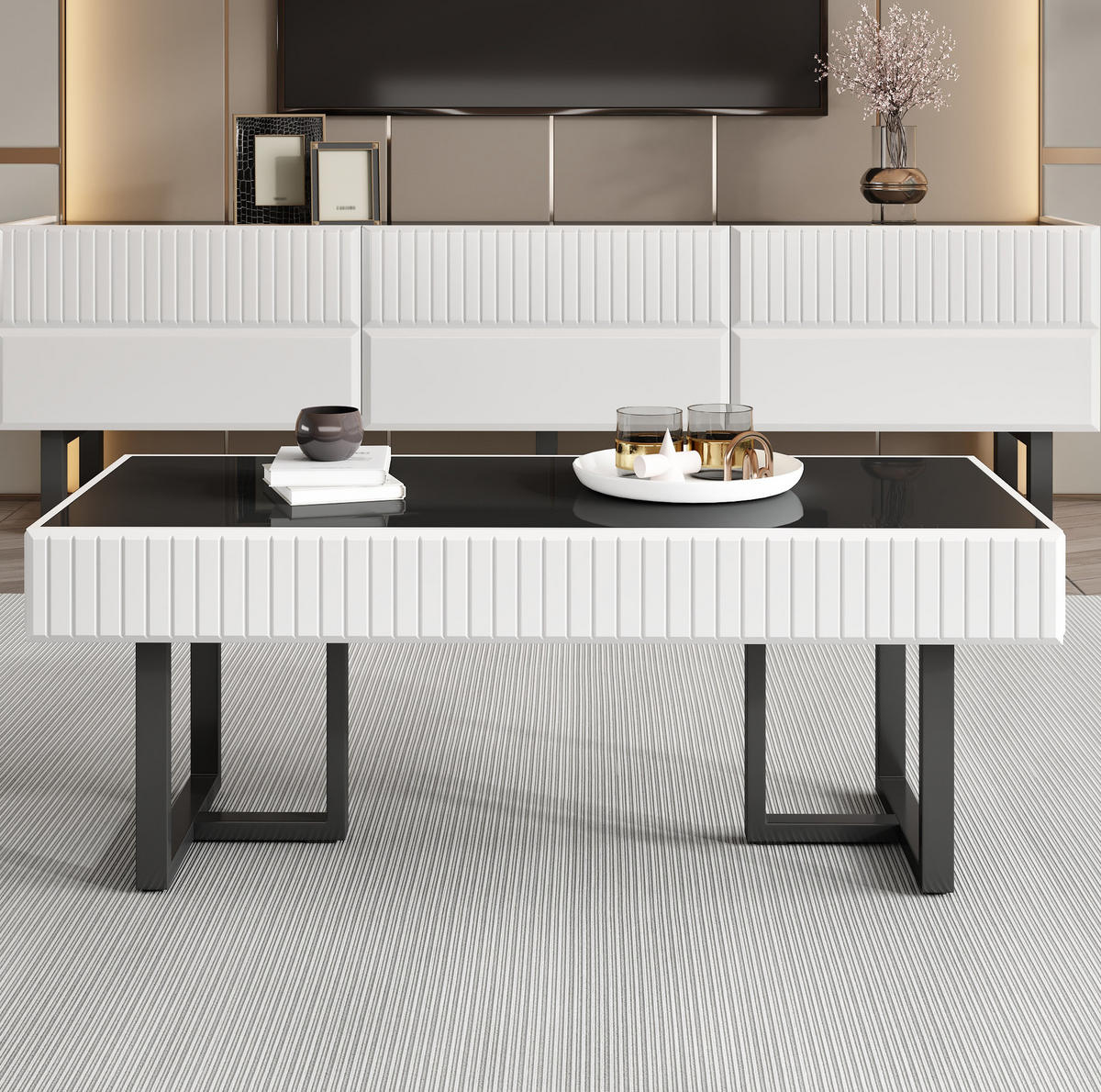 COUCHTISCH- und TV-Möbel-Set 170/35/47 cm und 110/50,5/41 cm mit Stauraum und Hochglanz-Oberfläche, Schwarz/Weiß - Schwarz, Holzwerkstoff (170/47/35cm) - Redom