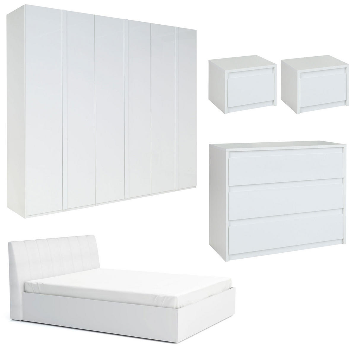 SCHLAFZIMMER-SET Italia Weiß matt / weiß hochglanz 5-teilig - Weiß Hochglanz/Weiß, Holz/Holzwerkstoff (160/200cm) - Feldmann-Wohnen
