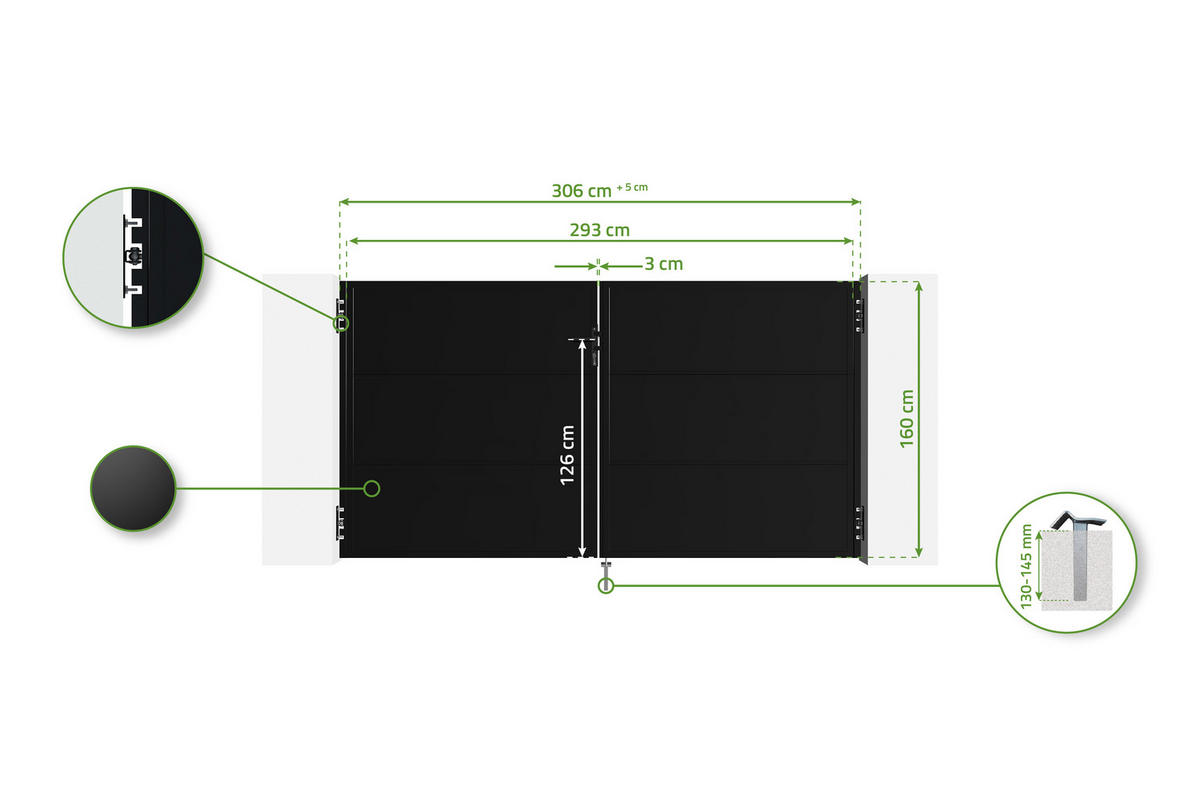 STAHLFLÜGELTOR Nali Mattschwarz 3m H.160cm - Schwarz, Metall (293/160cm) - Casanoov