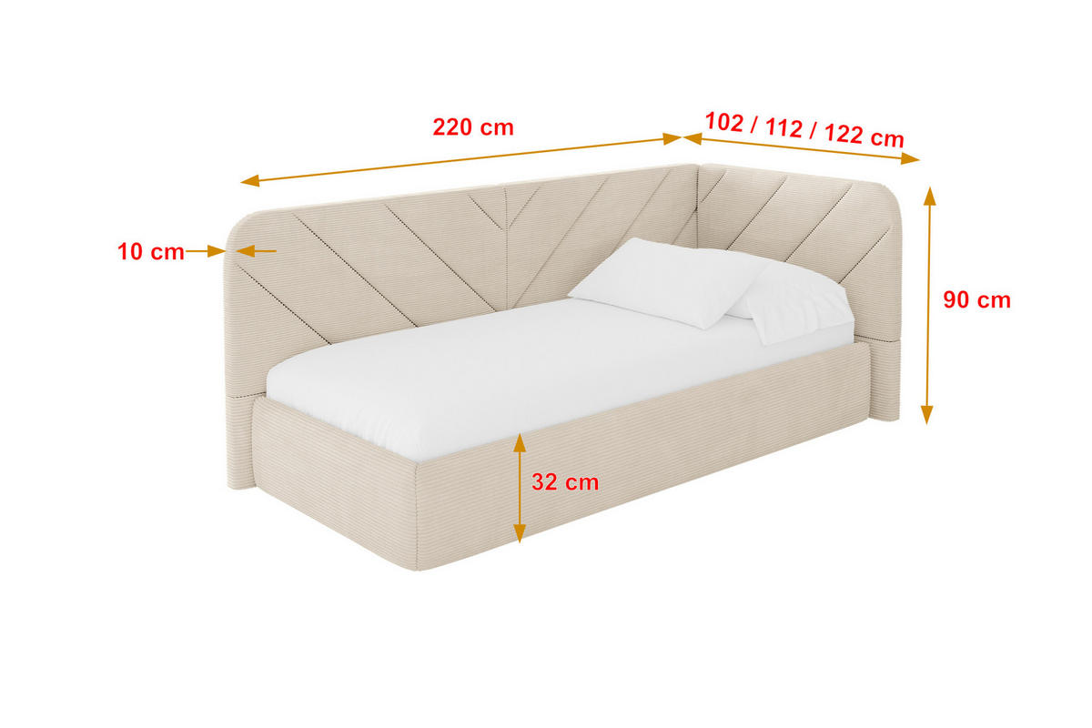 EINZELLBETT Jugendbett mit Bettkasten und Matratze H3/H4, Links - FIKY 90x200 Beige - Creme, Holzwerkstoff/Textil (90/200cm) - ALTDECOR