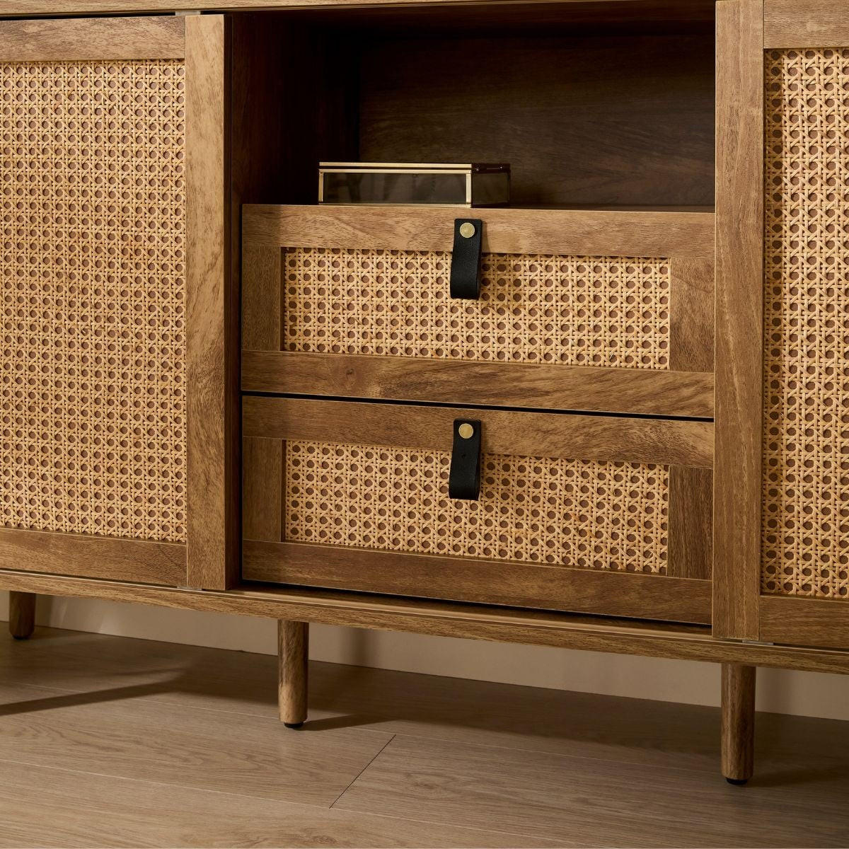 SIDEBOARD mit 2 Türen und 2 Schubladen mit Rattanfronten 39/140/80 cm - Eschefarben, Holzwerkstoff (39/80/140cm) - Calicosy