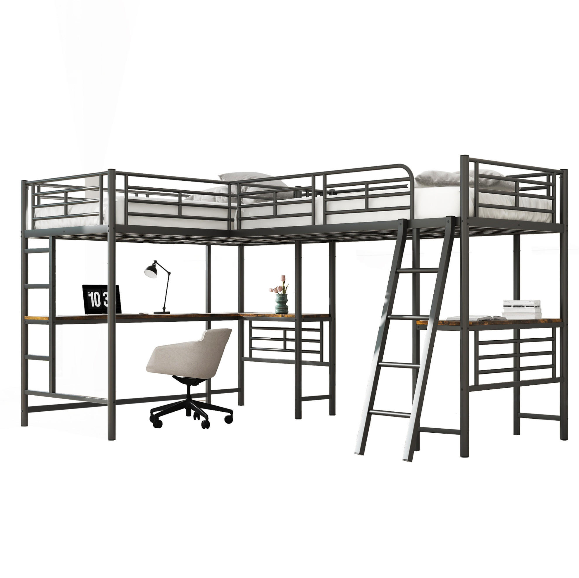 HOCHBETT 90/200 cm mit Schreibtisch und Doppeltreppe in Schwarz - Schwarz, Metall (90/200cm) - Flora Grace