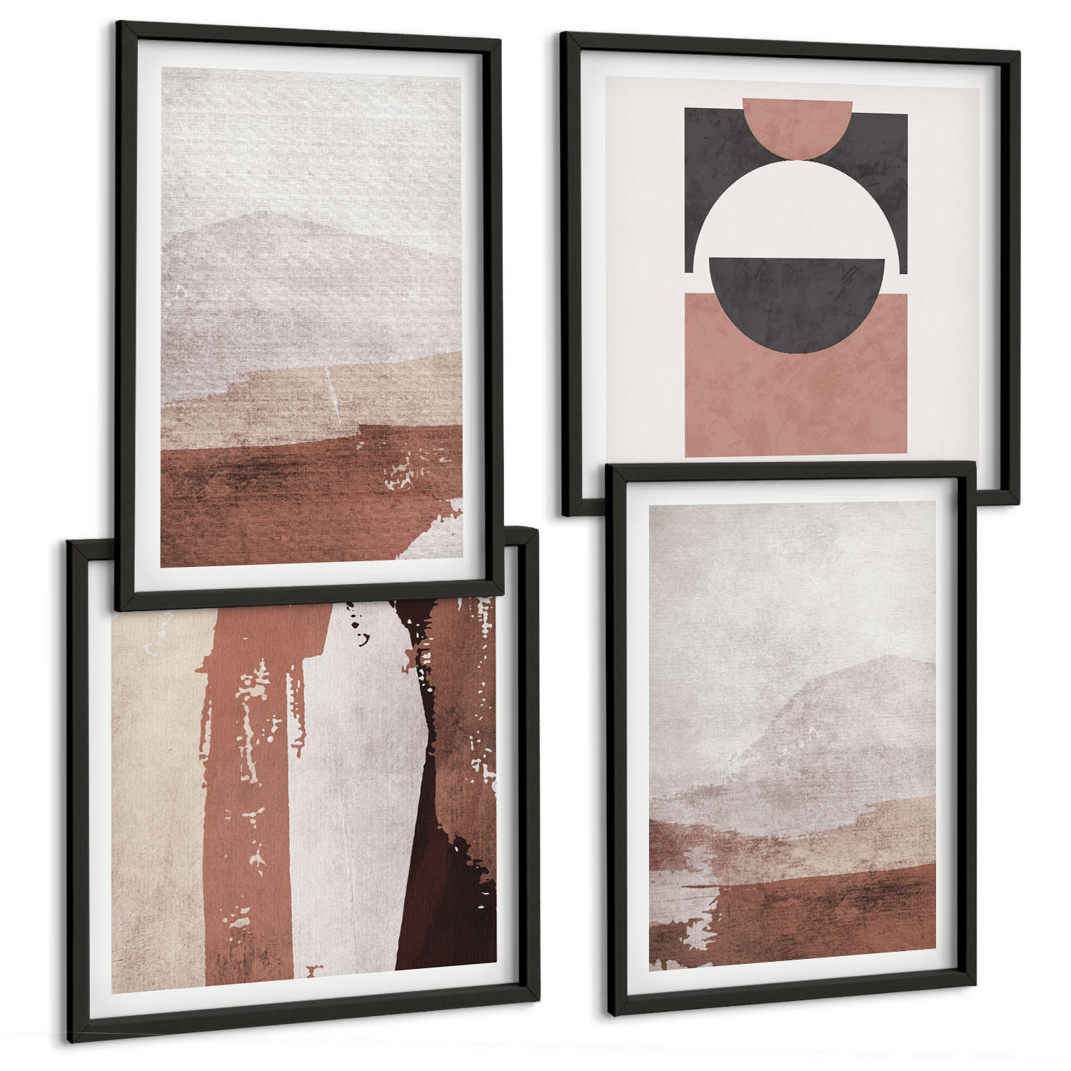 BILDER SET 4er Set - 50x50 cm & 40x60 cm Schwarzer Rahmen - Abstrakte braune Muster - Schwarz, Kunststoff (50/50cm) - TULUP