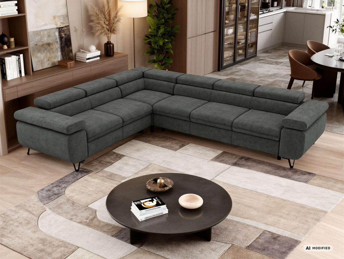 ECKSOFA NORDEN L - Dunkelgrau Stukture - Rechts Seite - Dunkelgrau/Schwarz, Textil/Metall (329/269cm) - MKS