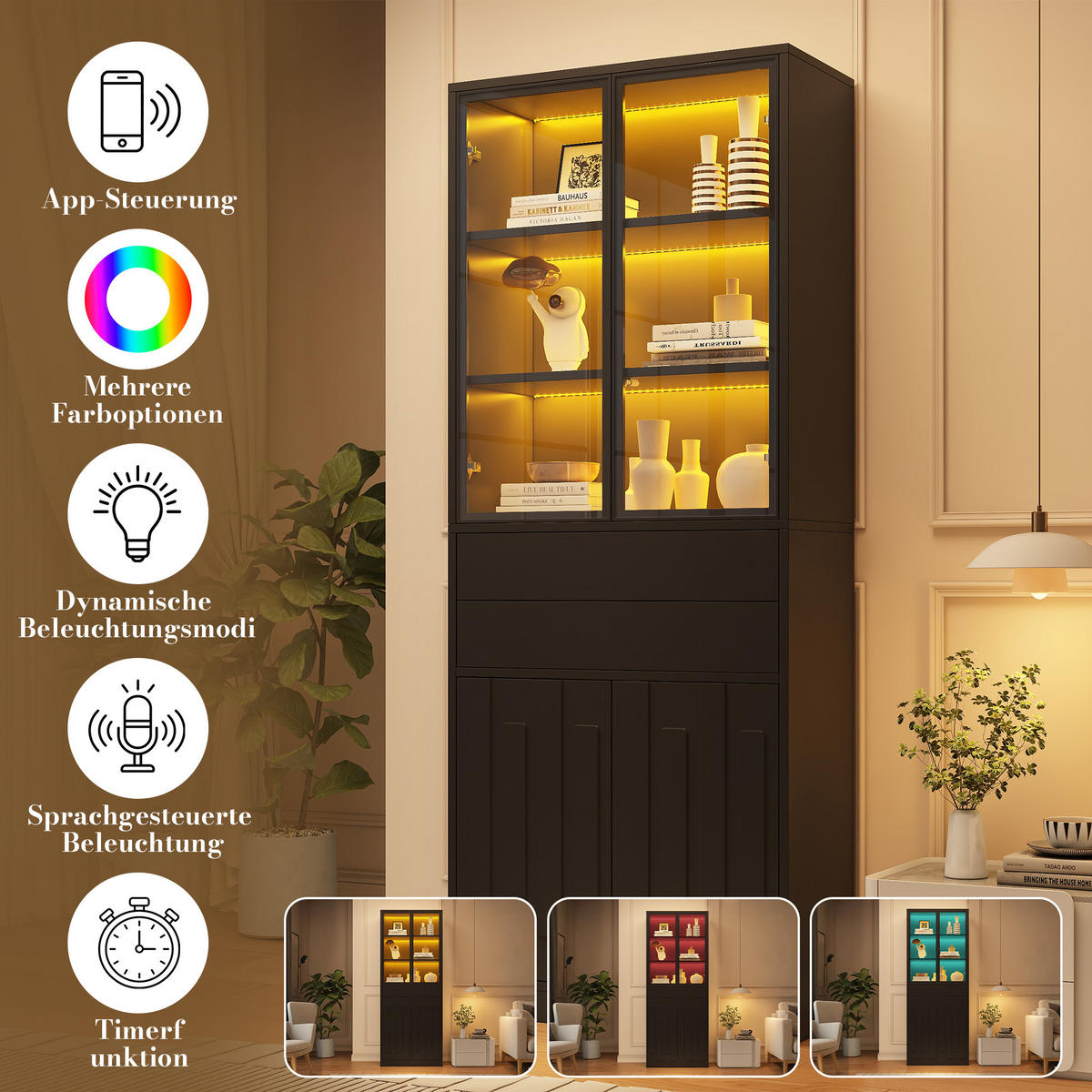 VITRINE 70x34x180 cm Schwarz mit LED und 2 Schubladen - Schwarz, Holzwerkstoff (70/180/34cm) - FLIEKS