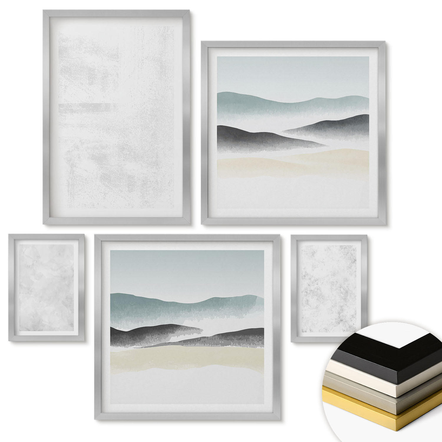 WANDBILDER 5er Set - 50x50 cm & 20x30 cm & 40x60 cm Silberner Rahmen - Weiße Flecken auf Leinwandhintergrund - Silberfarben, Kunststoff (40/60cm) - ArtPrintCave