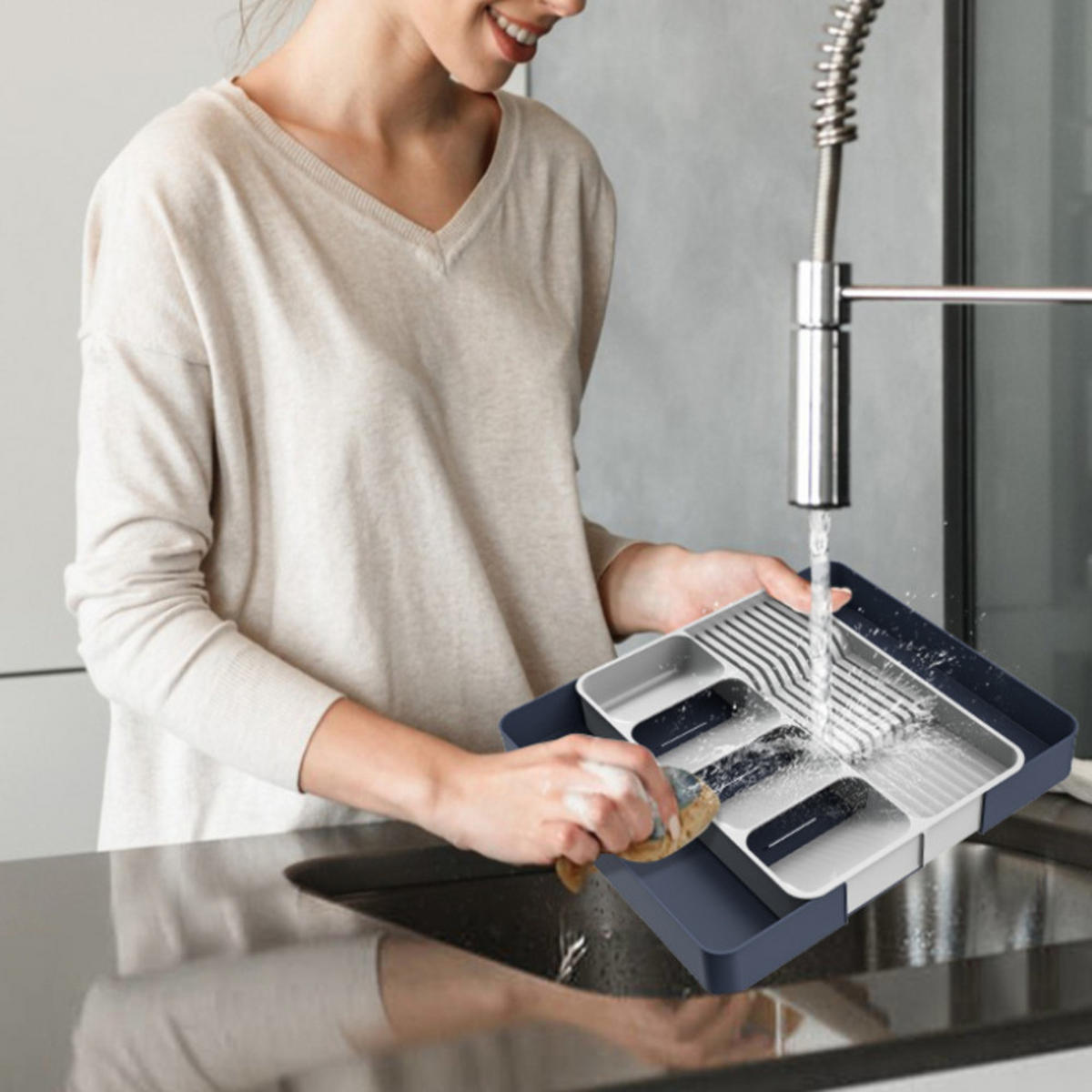 BESTECKEINSATZ,AUSZIEHBAR, PP-Material, Silber & Dunkelblau, 15,35" x (10,83"–20,08") - Silberfarben, Kunststoff (27.5/5.3/39cm) - Authentics