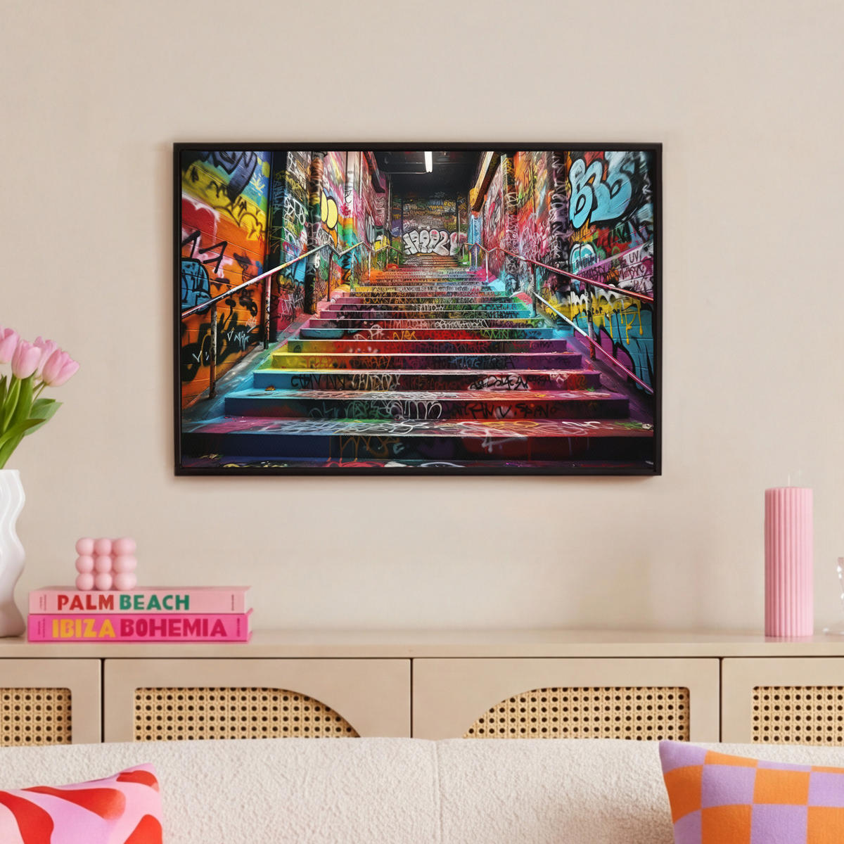 LEINWAND Bilder mit Rahmen - Treppe - Graffiti - Farben - Kunst - 60x40 - Multicolor, Textil (60/40cm) - MuchoWow
