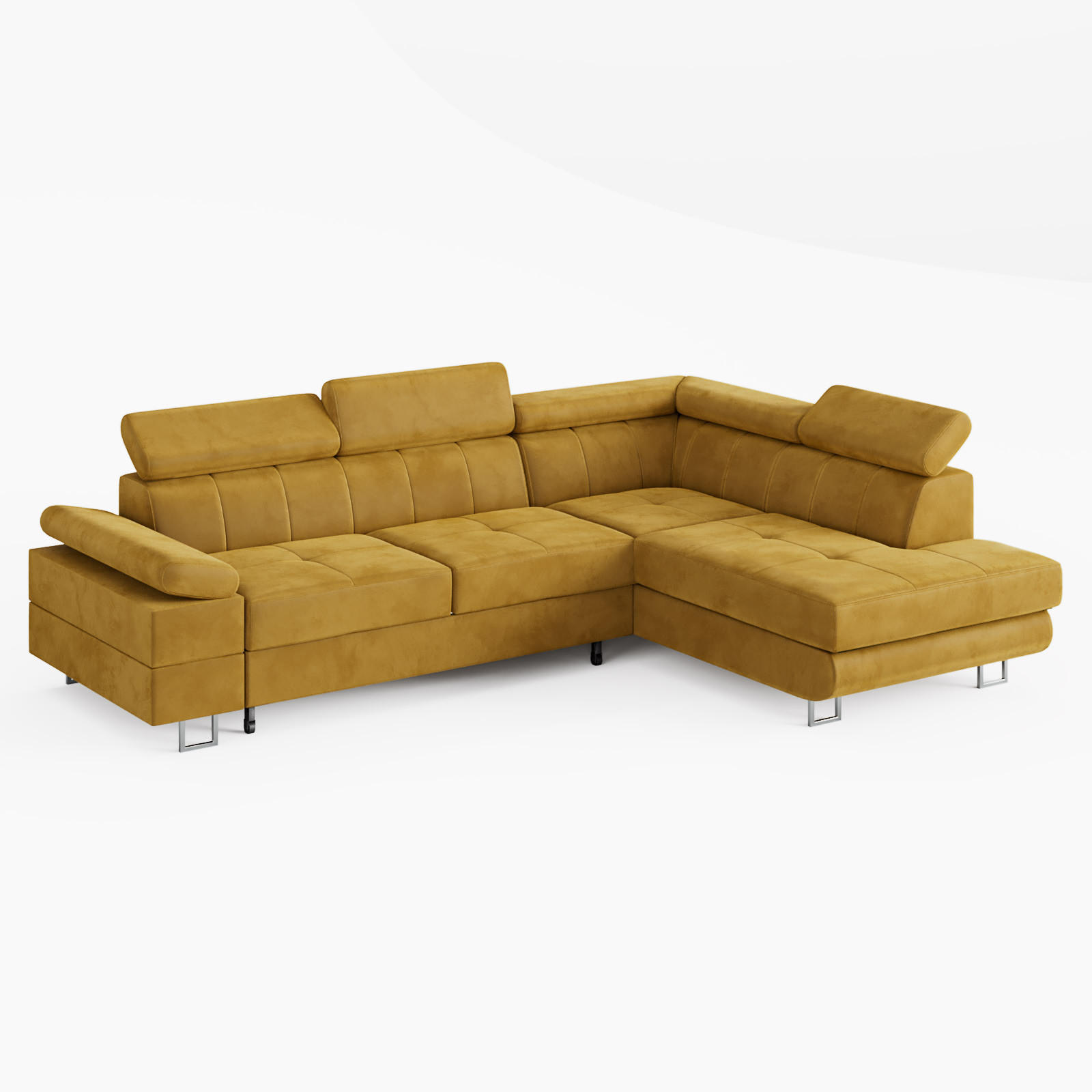 ECKSOFA CAROLINE Rechts Gelb Velours-Stoff mit Schlaffunktion und Bettkasten - Chromfarben/Gelb, Textil (253/190cm) - Barchello