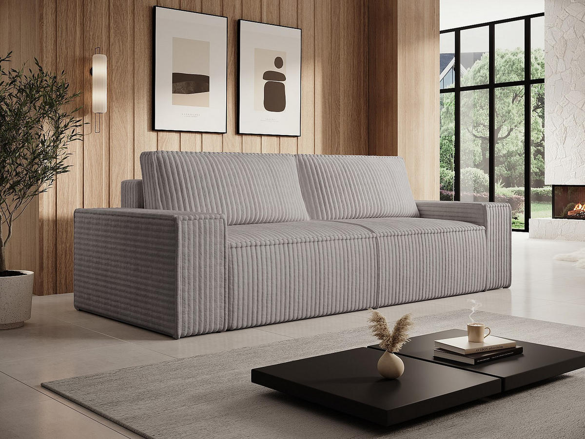 SCHLAFSOFA 4-Sitzer - grob gerippter Cord - Hellgrau - AMELIA - Hellgrau, Textil (257/85/102cm) - Vente-Unique