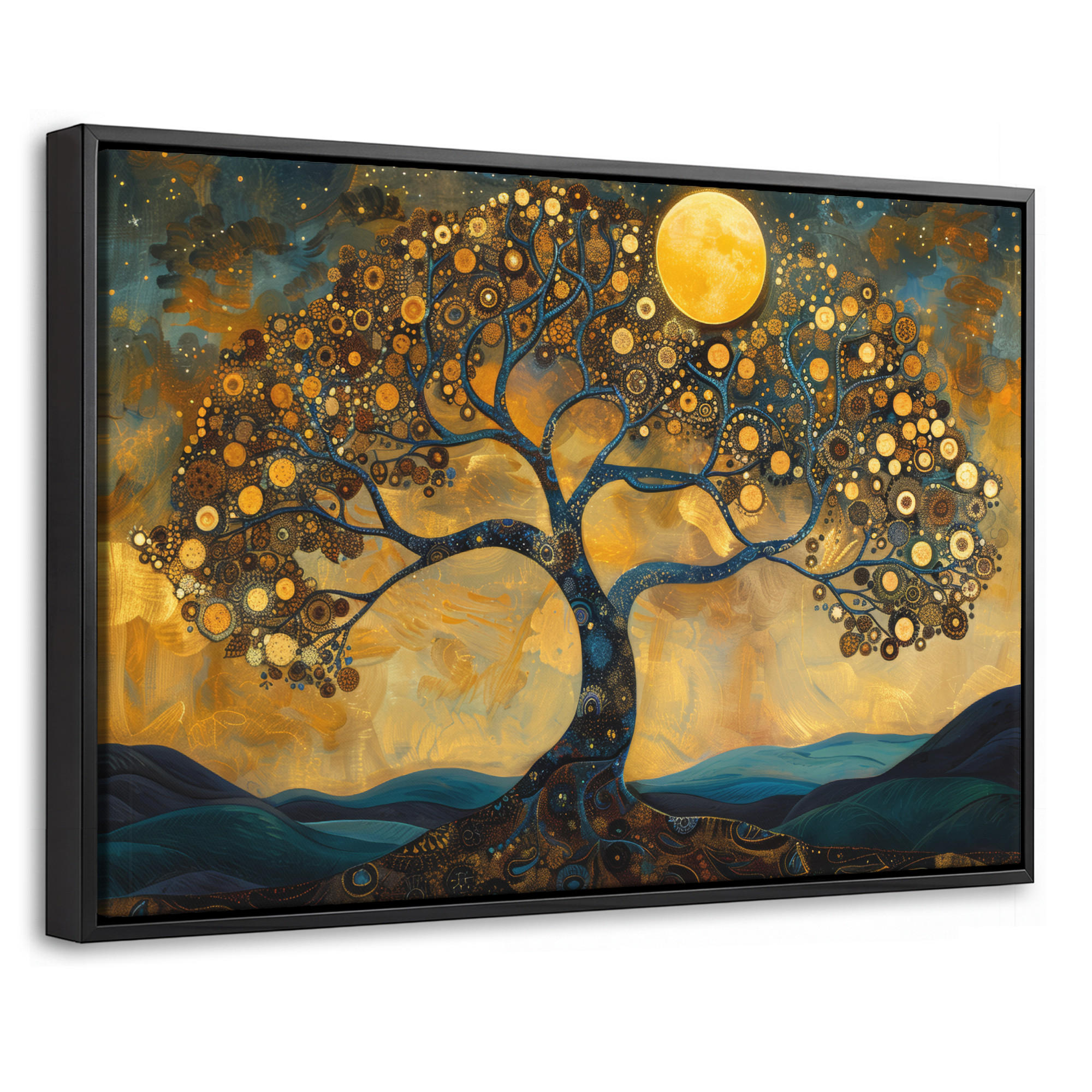 LEINWAND Bilder mit Rahmen - Baum - Mond - Blumen - Gold - Kunst - 60x40 - Orange, Textil (60/40cm) - MuchoWow
