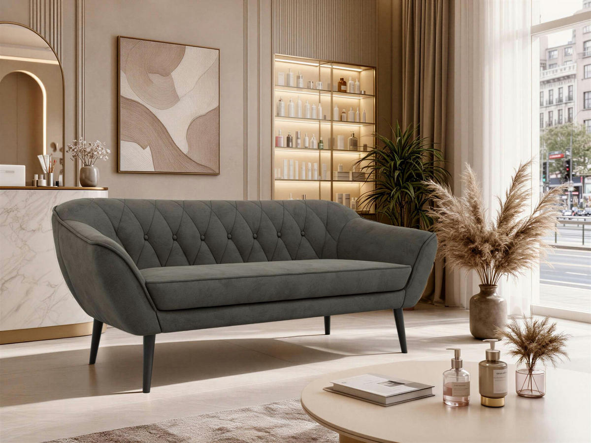 3-SITZER-SOFA PIRS - Dunkelgrau Velvet - Schwarze Beine - Dunkelgrau/Schwarz, Holzwerkstoff/Textil (180/75/74cm) - MKS
